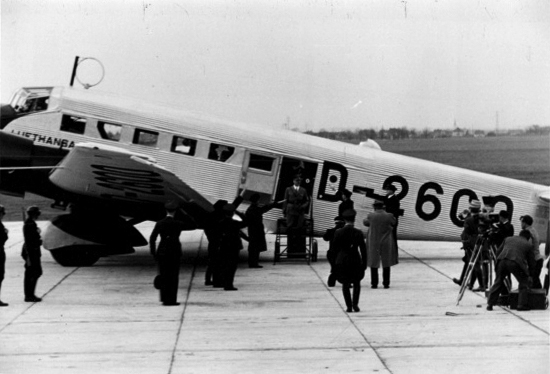 Adolf Hitler leaves his Junkers JU 52 D-2600 aircraft in Munich's airfield